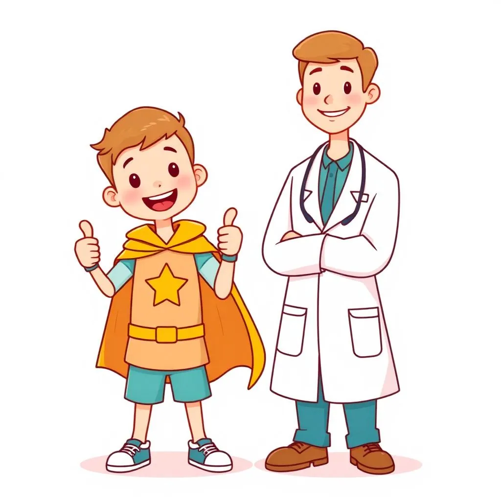 Ilustrasi anak jagoan berjubah dan dokter khitan yang ramah