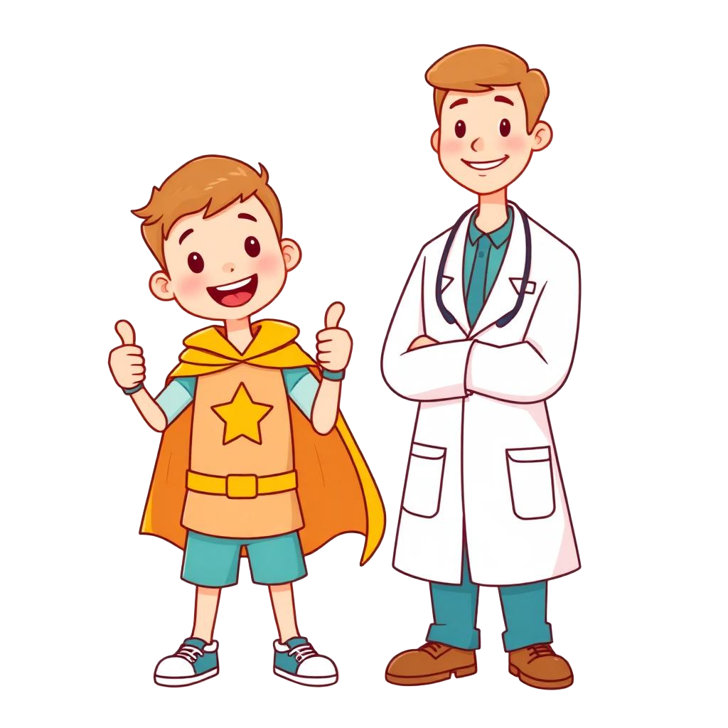 Ilustrasi anak jagoan berjubah dan dokter khitan yang ramah